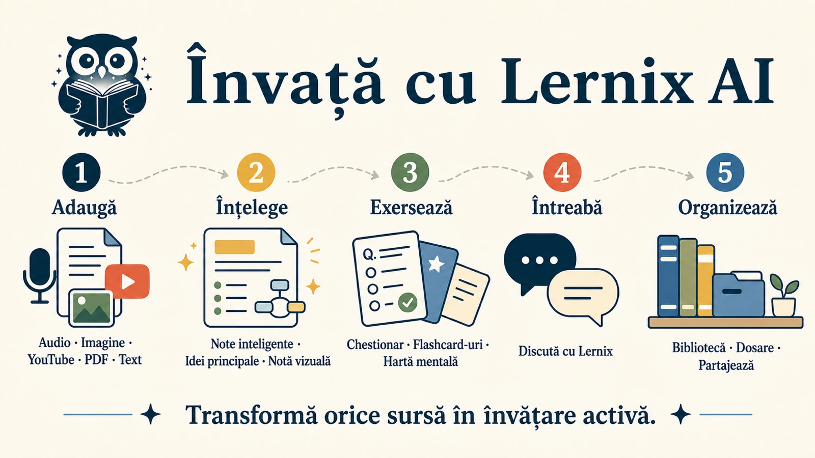Notiță vizuală 16:9 în Lernix AI: adaugi audio, imagini, YouTube, PDF sau text, apoi înțelegi, exersezi, întrebi și organizezi.